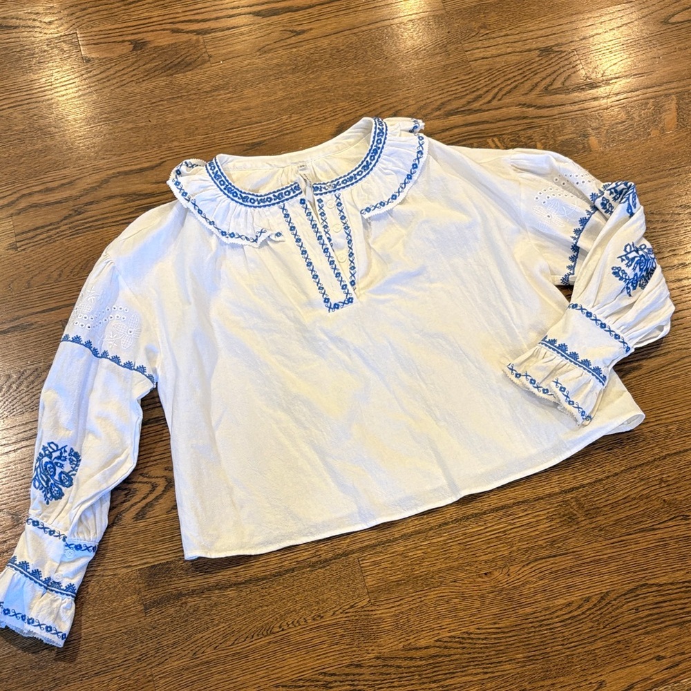 Avantlook Embroidered Peasant Top with Blue Accents, eyelet, cotton, xS, Greece?